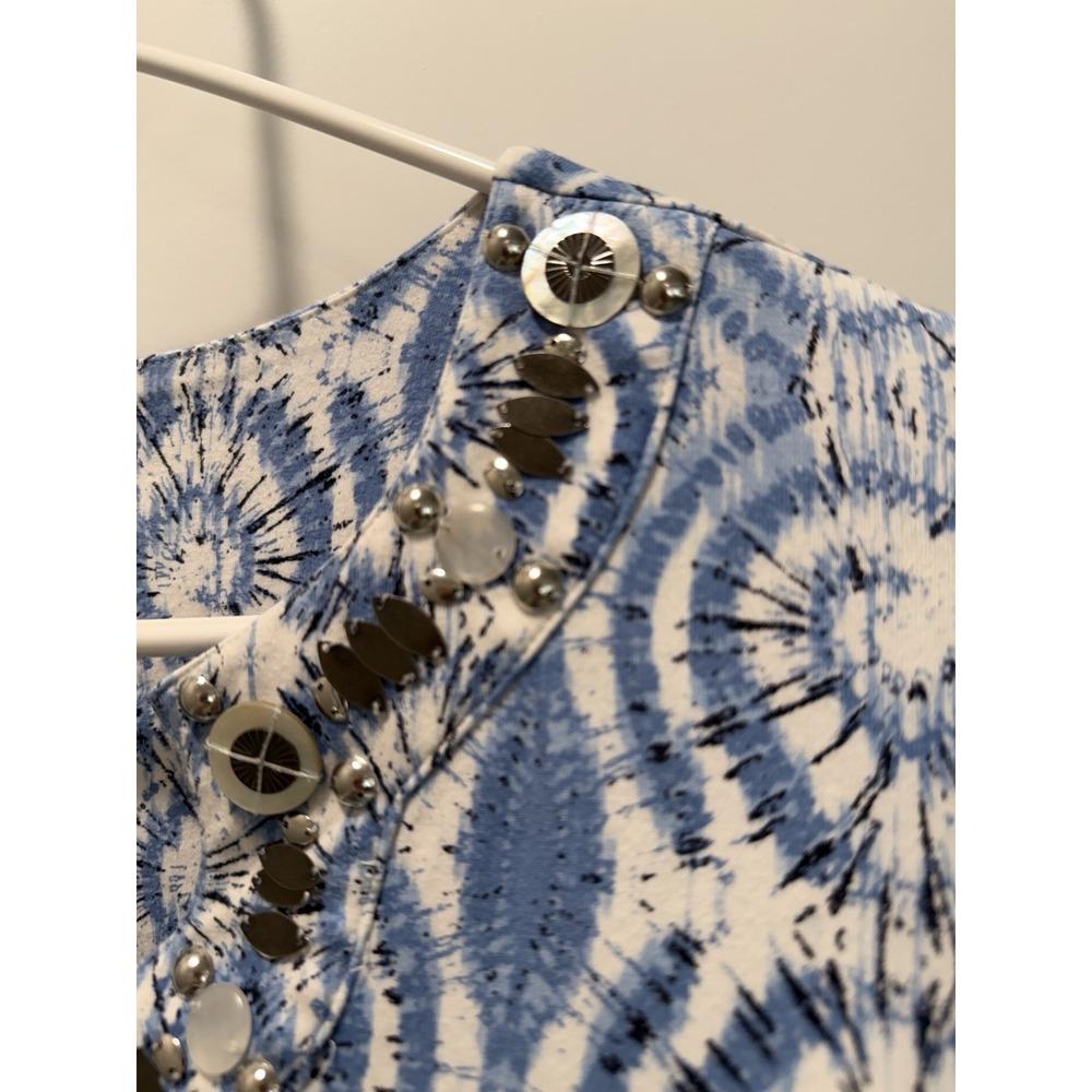 Ruby Rd Petite PL Embellished Neck Top Blue Tie Dye 3/4 Sleeve Stretch Knit Boho - Picture 3 of 4